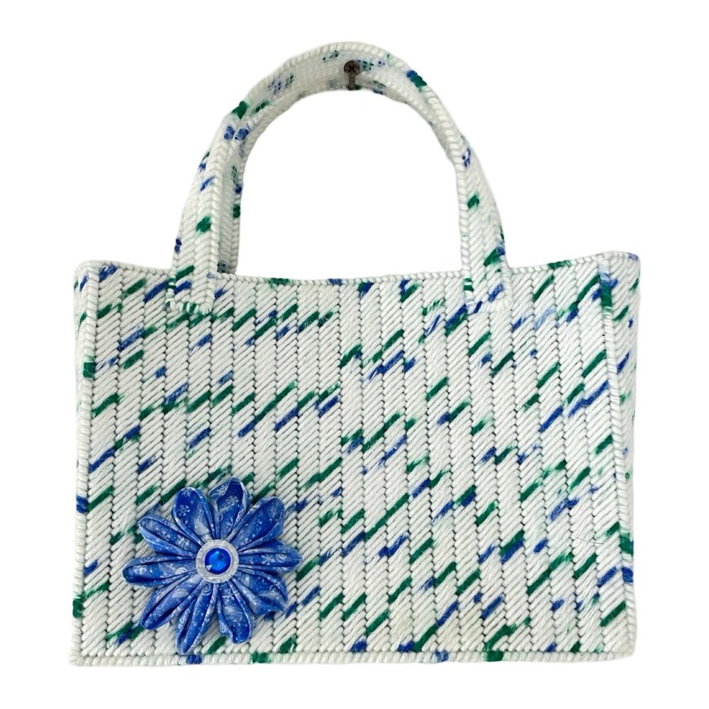 Vintage Needlepoint Purse Handmade Top Handle Bag White Blue Green Handmade Boho